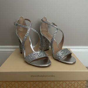 Sparkly silver heels w/ crisscross straps!